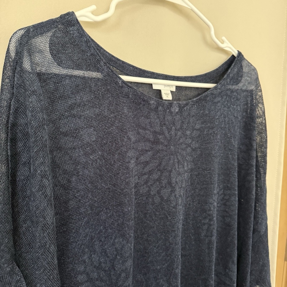 J. Jill Womens XL Navy‎ Blue Floral Linen Blend Short Sleeve Knit Sweater - Picture 2 of 7